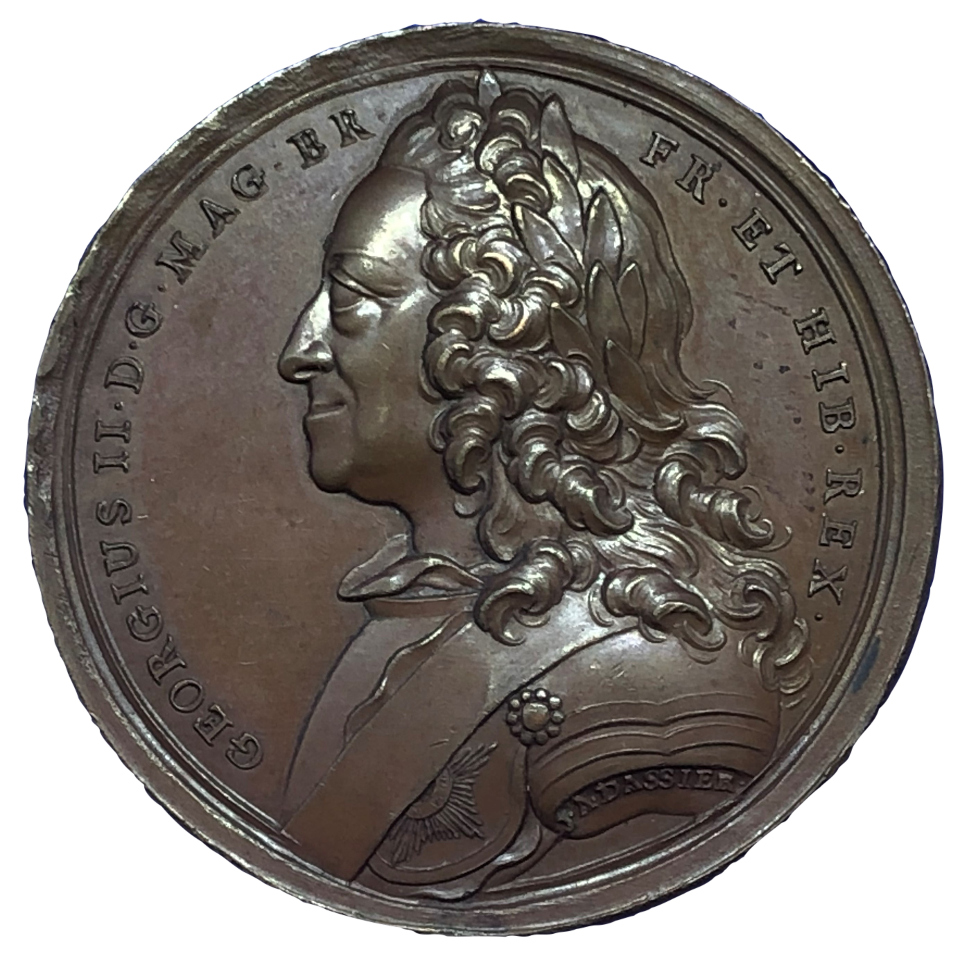 1750 George II State of England Historical Medallion by J A Dassier Obverse